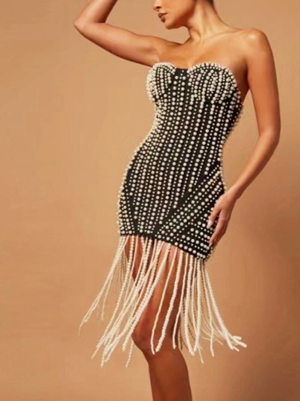 Stunning Pearl Beaded Fringed Tube Dress | Sexy Night Out Fringe Mini Skirt Luxe